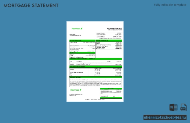 Robinhood-Bank-Hypothekenauszug (USA) in Word- und PDF-Formaten – Beispielvorschau